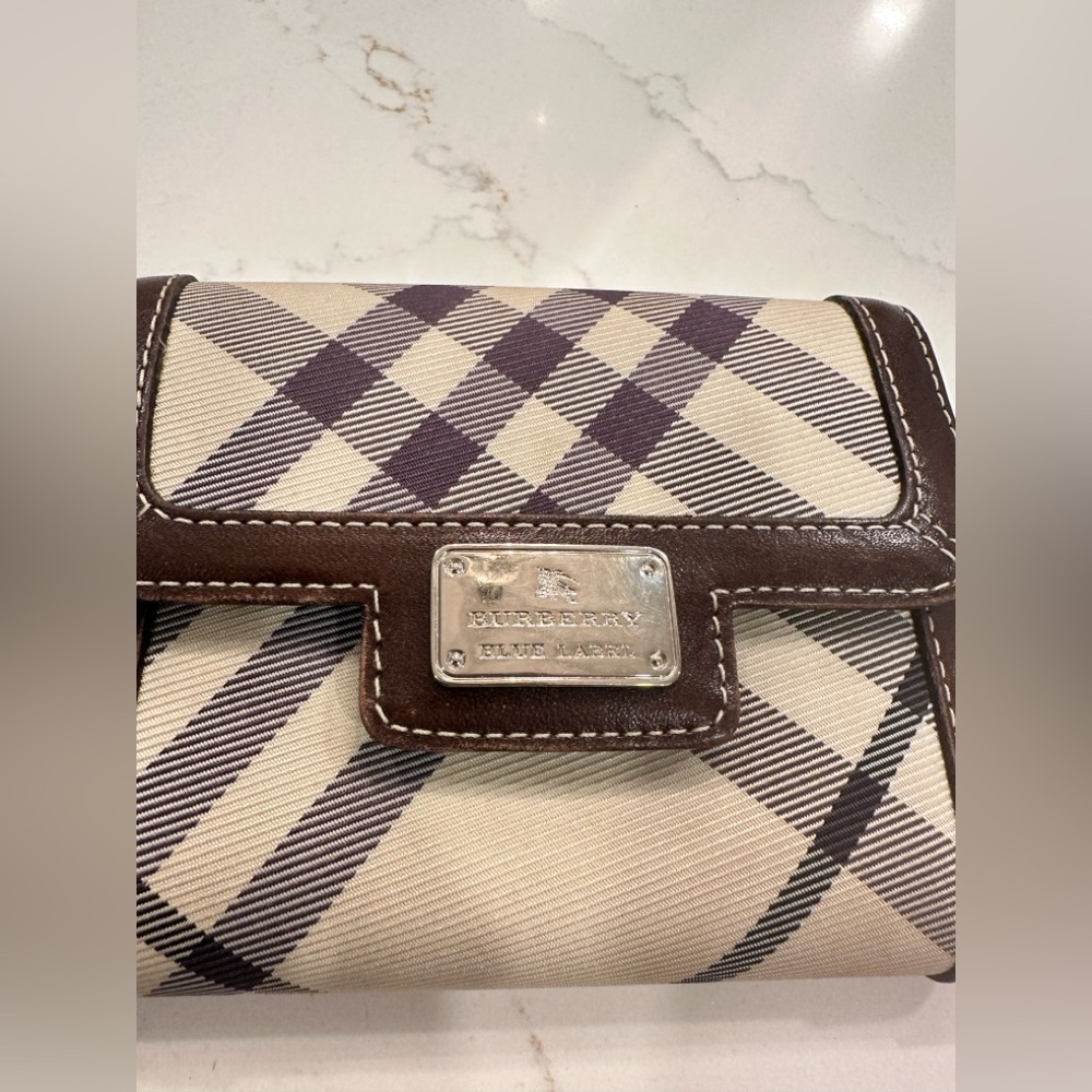 Burberry Blue Label Small Folding Wallet-6 Card Slots White Plaid Brown Leather - Picture 12 of 14